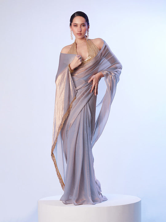 Grey Ready To Wear Organza Saree With Designer Lace And Unstitched Blouse