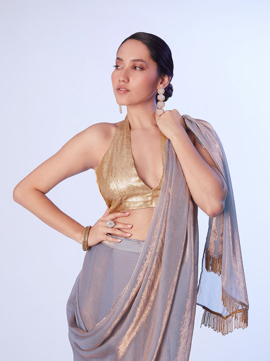 Grey Ready To Wear Organza Saree With Designer Lace And Unstitched Blouse