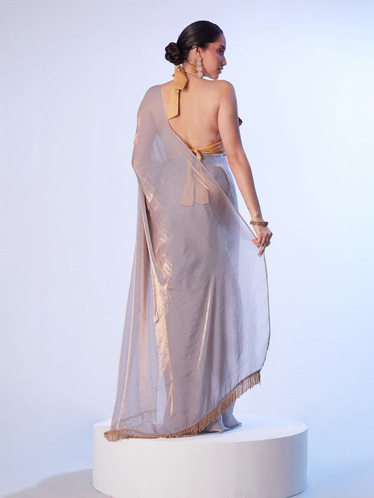 Grey Ready To Wear Organza Saree With Designer Lace And Unstitched Blouse