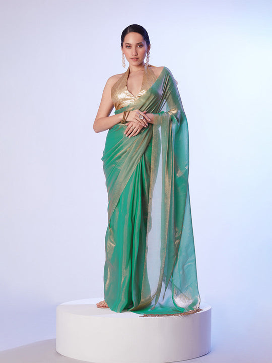 Sea Green Satin Gold Organza Saree With Designer Lace And Unstitched Blouse