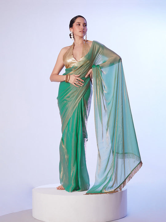 Sea Green Satin Gold Organza Saree With Designer Lace And Unstitched Blouse