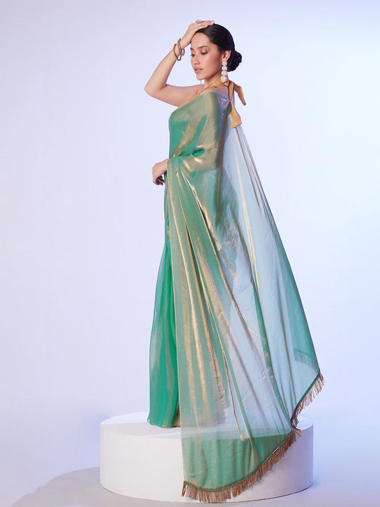 Sea Green Satin Gold Organza Saree With Designer Lace And Unstitched Blouse