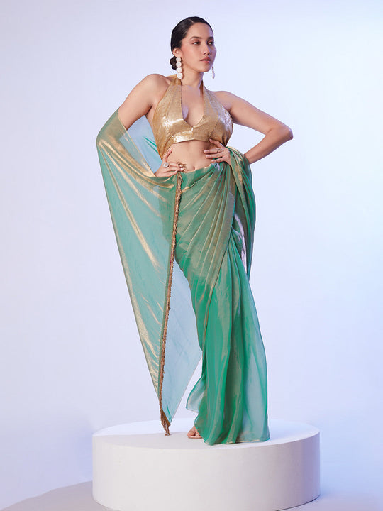 Sea Green Satin Gold Organza Saree With Designer Lace And Unstitched Blouse