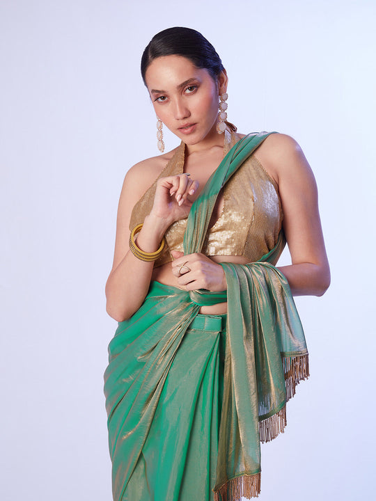 Sea Green Satin Gold Organza Saree With Designer Lace And Unstitched Blouse