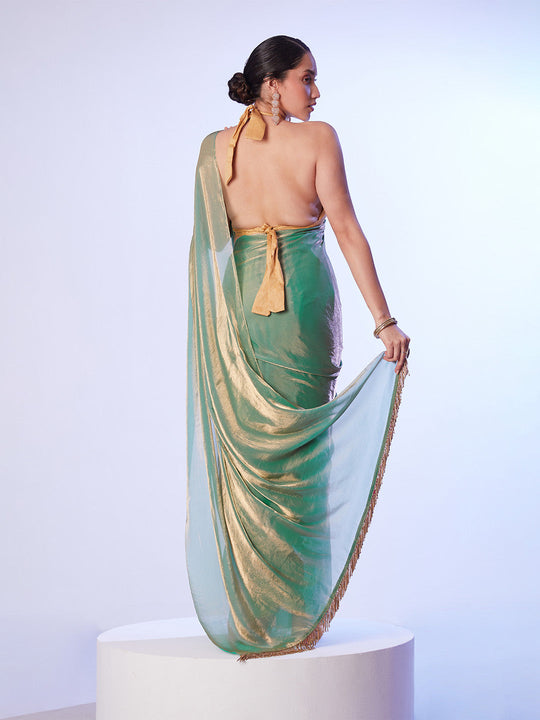 Sea Green Satin Gold Organza Saree With Designer Lace And Unstitched Blouse