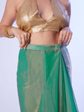 Sea Green Satin Gold Organza Saree With Designer Lace And Unstitched Blouse
