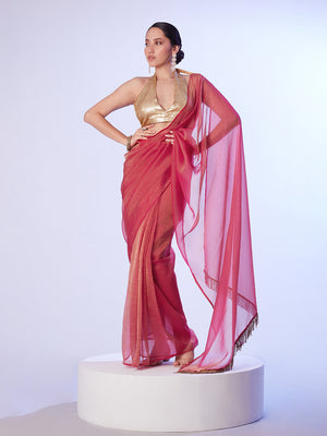 Red Crushed Satin Gold Organza Saree With Designer Lace And Unstitched Blouse