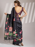Black Linen Blend Printed Saree With Blouse Piece