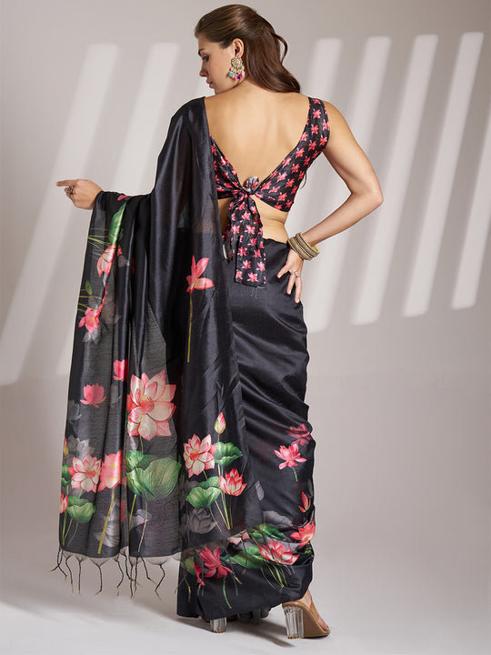 Black Linen Blend Printed Saree With Blouse Piece