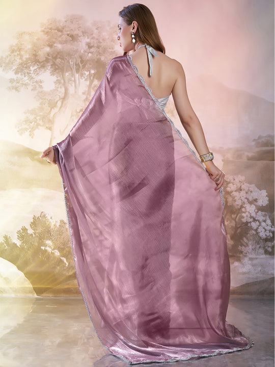 Lavender Organza Solid Saree With Blouse Piece