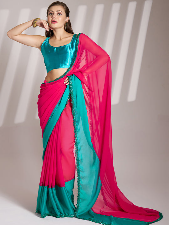 Pink And Blue Sequinned Lace Designer Pure Chiffon Saree