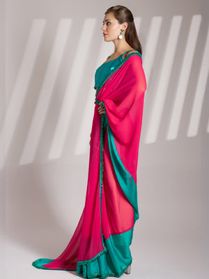 Pink And Blue Sequinned Lace Designer Pure Chiffon Saree