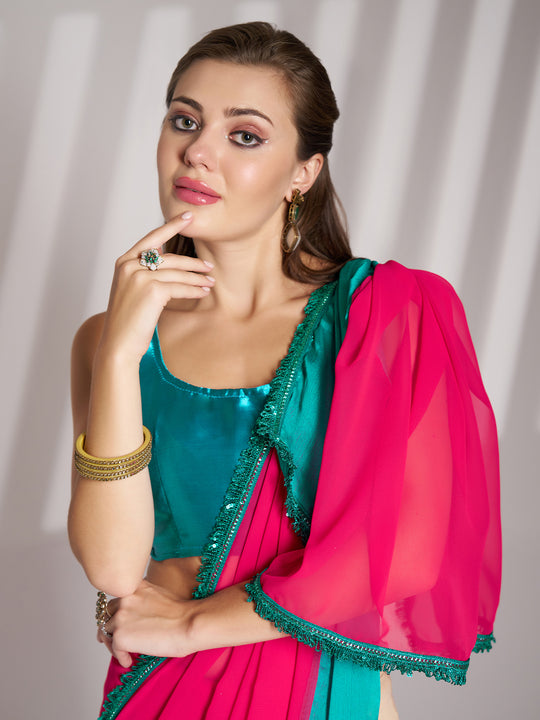 Pink And Blue Sequinned Lace Designer Pure Chiffon Saree