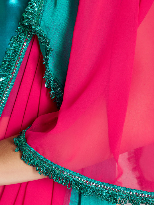 Pink And Blue Sequinned Lace Designer Pure Chiffon Saree