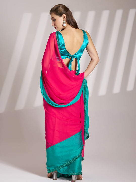 Pink And Blue Sequinned Lace Designer Pure Chiffon Saree