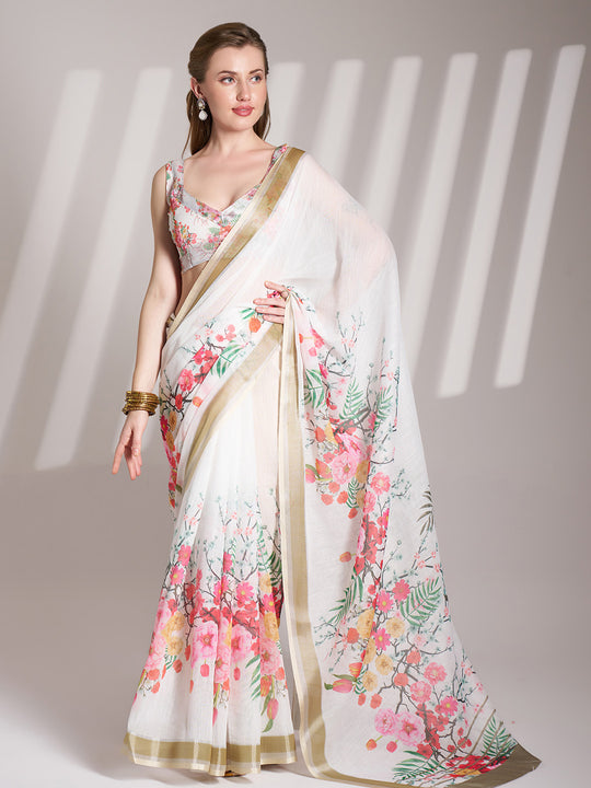 White Linen Blend Printed Saree With Blouse Piece