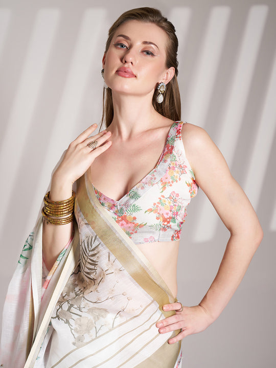 White Linen Blend Printed Saree With Blouse Piece