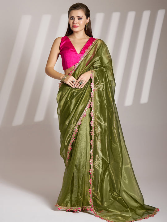 Green Sequinned Designer Lace Organza Saree