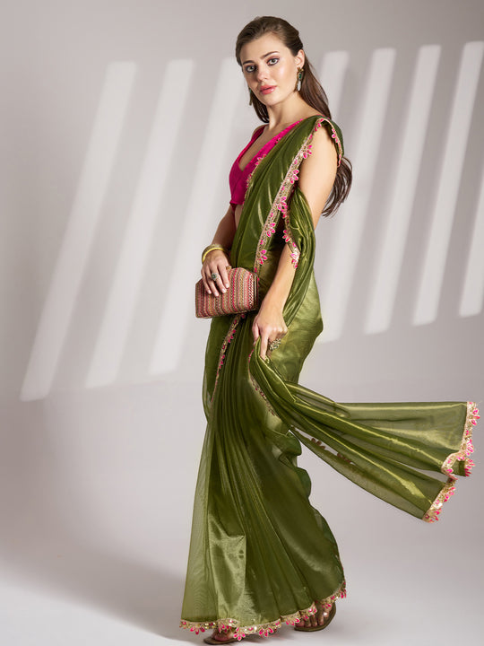 Green Sequinned Designer Lace Organza Saree
