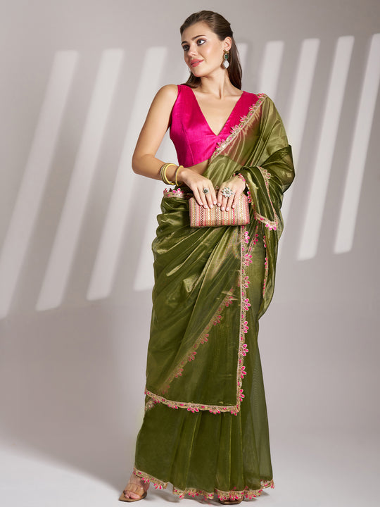 Green Sequinned Designer Lace Organza Saree