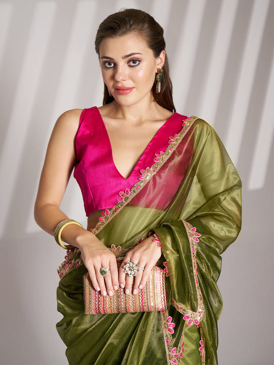 Green Sequinned Designer Lace Organza Saree