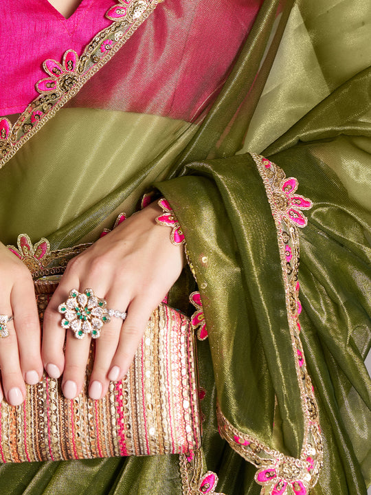 Green Sequinned Designer Lace Organza Saree