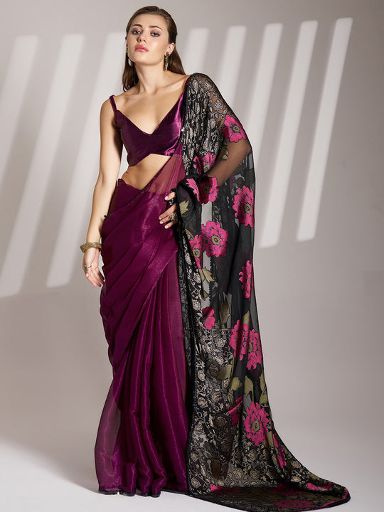 Wine Shimmer Fancy Saree With Blouse Piece