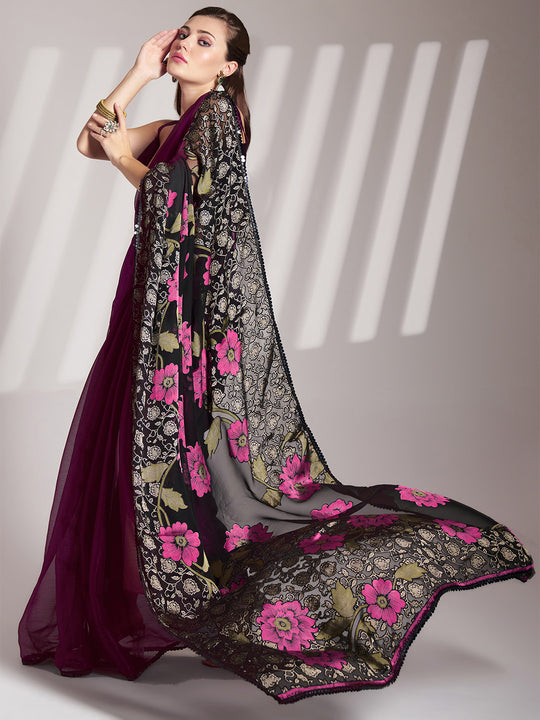 Wine Shimmer Fancy Saree With Blouse Piece