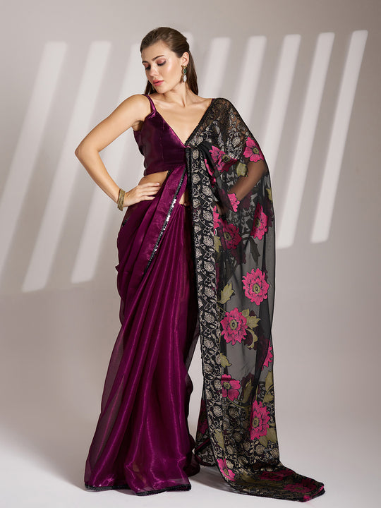 Wine Shimmer Fancy Saree With Blouse Piece