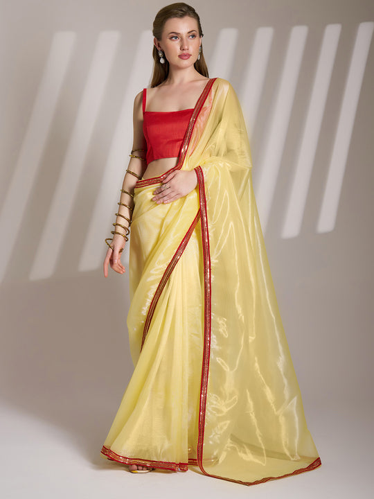 Yellow Twill Net Solid Saree With Blouse Piece