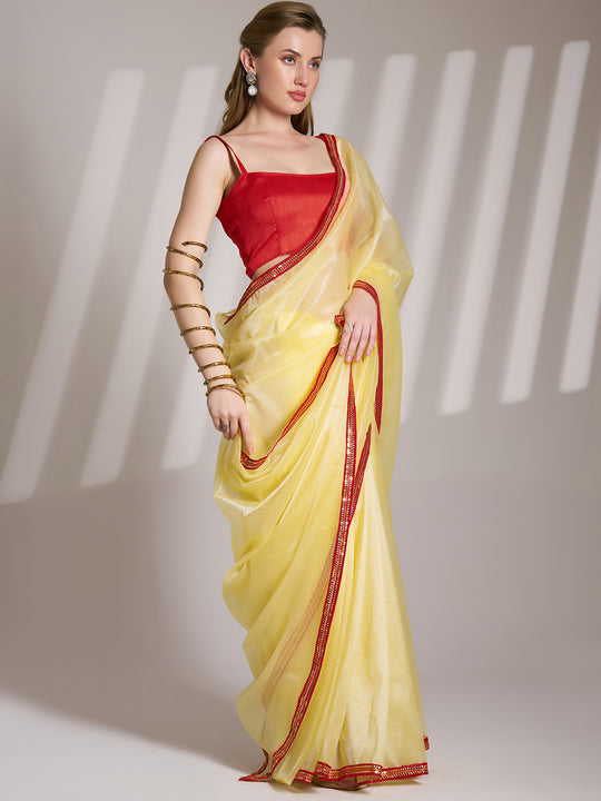 Yellow Twill Net Solid Saree With Blouse Piece