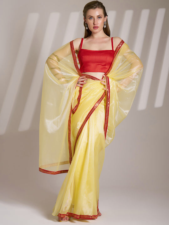 Yellow Twill Net Solid Saree With Blouse Piece
