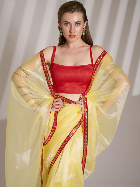 Yellow Twill Net Solid Saree With Blouse Piece