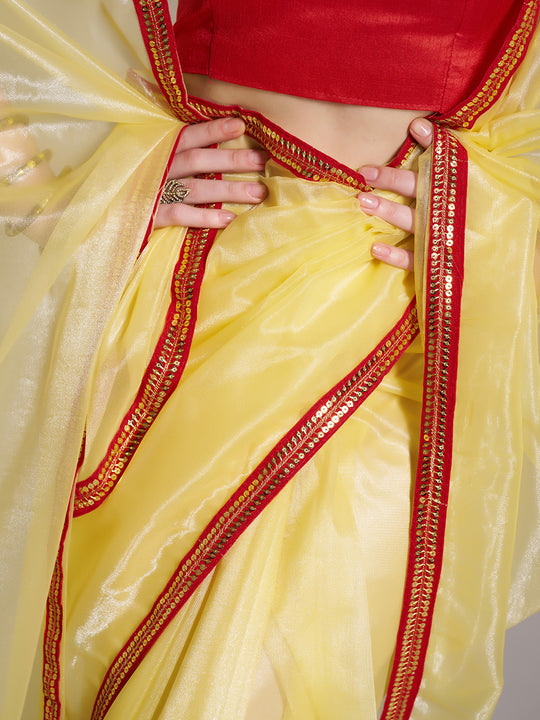 Yellow Twill Net Solid Saree With Blouse Piece
