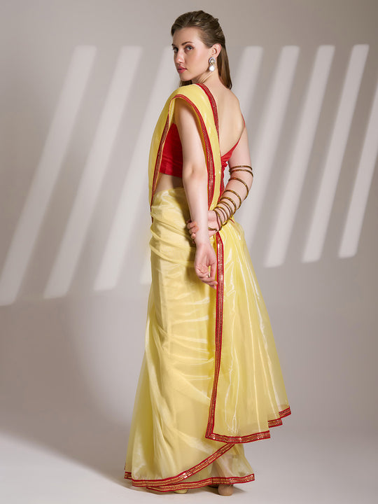 Yellow Twill Net Solid Saree With Blouse Piece