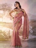 Peach Twill Net Solid Saree With Blouse Piece
