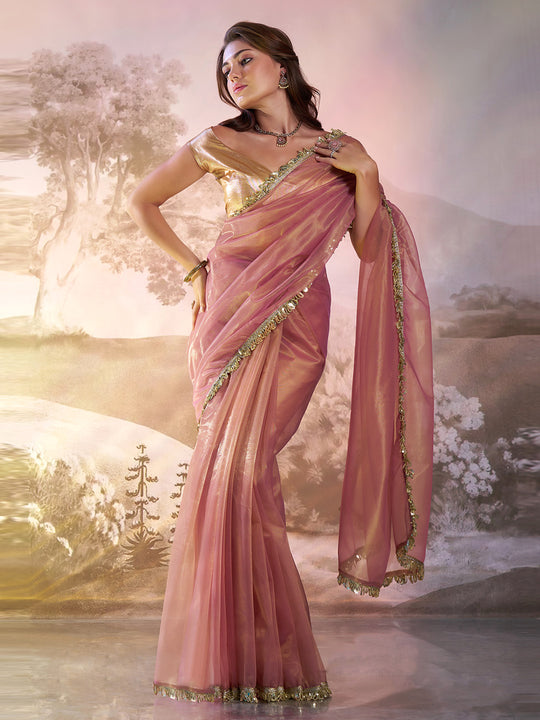 Peach Twill Net Solid Saree With Blouse Piece