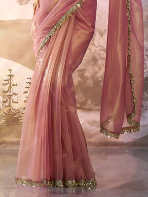 Peach Twill Net Solid Saree With Blouse Piece
