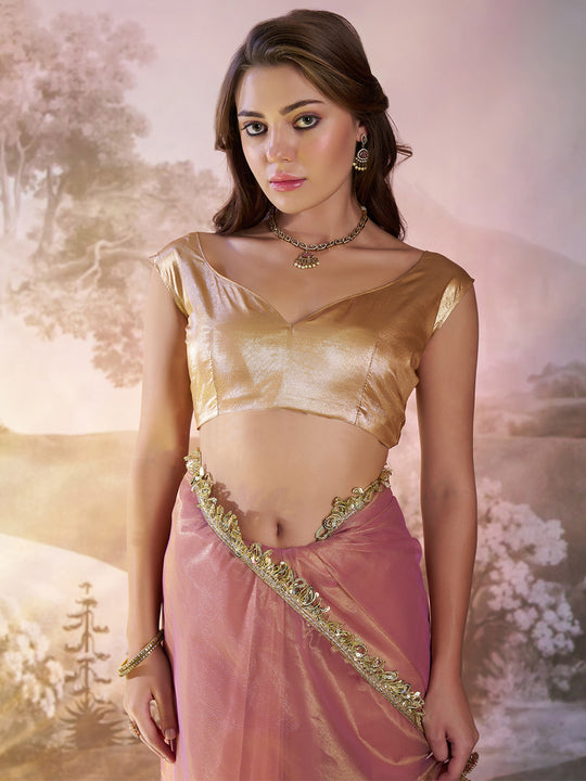 Peach Twill Net Solid Saree With Blouse Piece