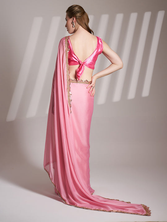 Pink Chiffon Solid Saree With Blouse Piece