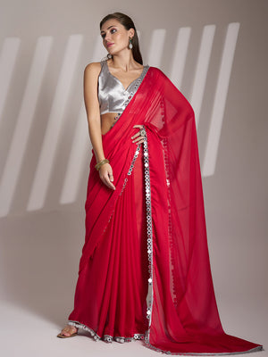 Red Sequinned Pure Chiffon Saree