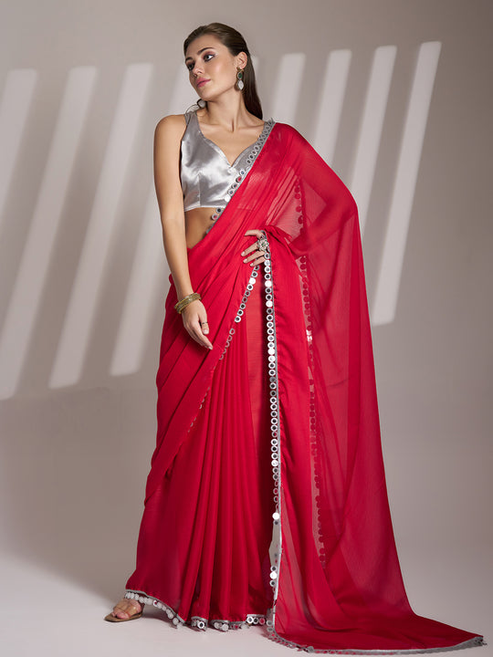 Red Sequinned Pure Chiffon Saree