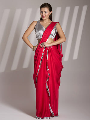 Red Sequinned Pure Chiffon Saree