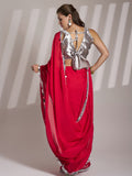 Red Sequinned Pure Chiffon Saree