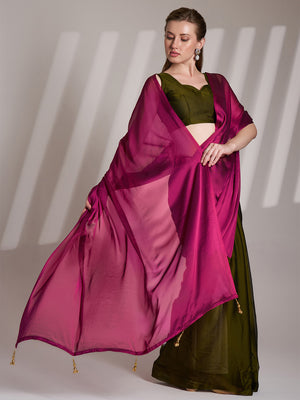 Pink And Green Satin Colorblocked Saree With Blouse Piece