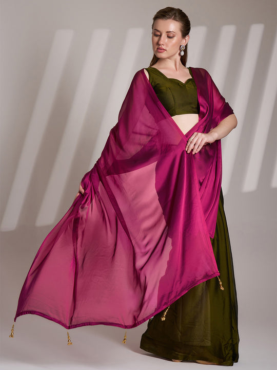 Pink And Green Satin Colorblocked Saree With Blouse Piece