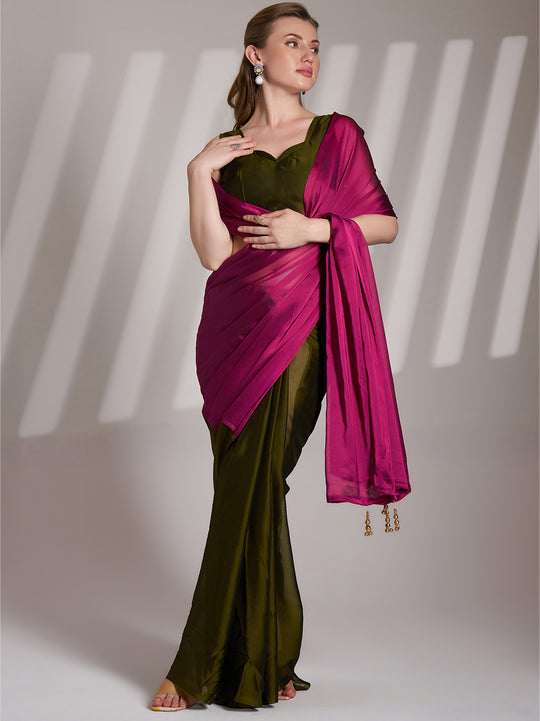 Pink And Green Satin Colorblocked Saree With Blouse Piece