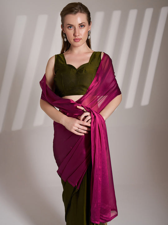 Pink And Green Satin Colorblocked Saree With Blouse Piece
