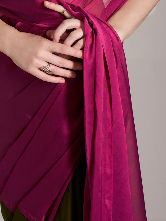 Pink And Green Satin Colorblocked Saree With Blouse Piece