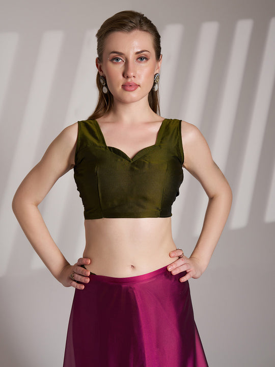 Pink And Green Satin Colorblocked Saree With Blouse Piece